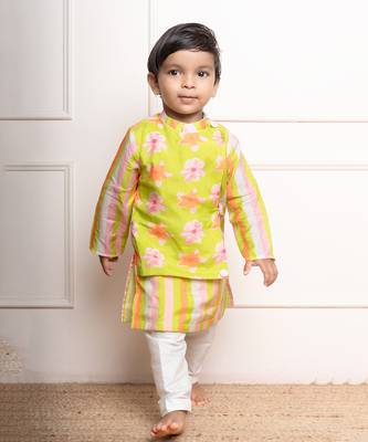Bright lime green floral printed kurta with off-white pants 1