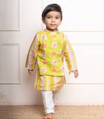 Bright lime green floral printed kurta with off-white pants