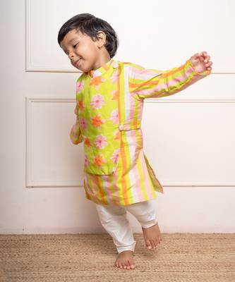 Bright lime green floral printed kurta with off-white pants 2