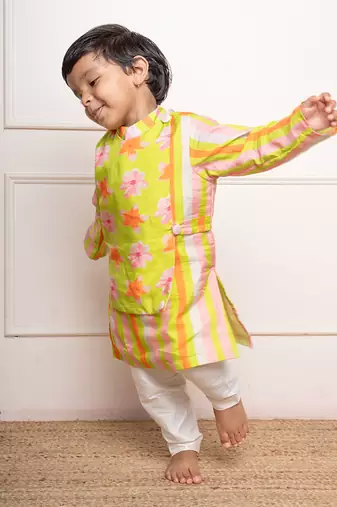 Bright lime green floral printed kurta with off-white pants