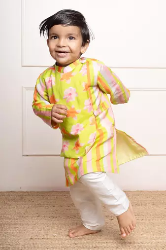 Bright lime green floral printed kurta with off-white pants