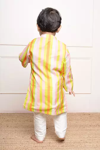 Bright lime green floral printed kurta with off-white pants