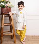 Elegant ivory kurta with matching embroidered jacket and vibrant yellow churidar pants