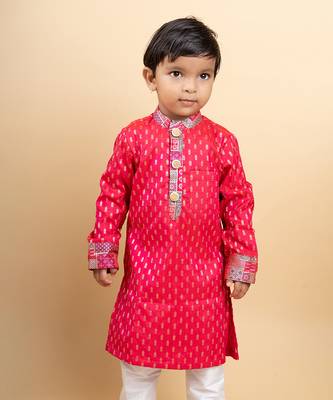 Elegant red kurta with golden embroidery paired with classic white pants 2