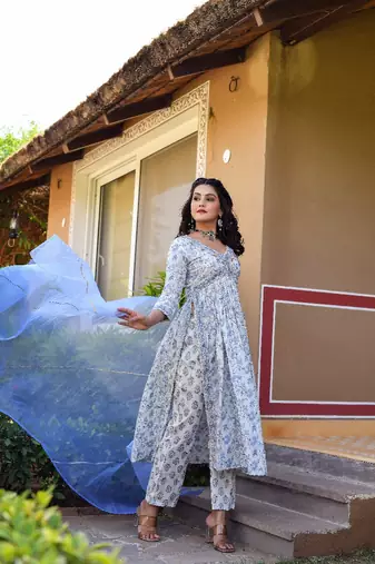 Powder blue & star white alia cut suit set with organza dupatta