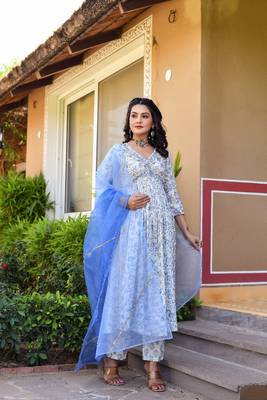Powder blue & star white alia cut suit set with organza dupatta 3