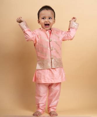 Elegant soft peach kurta set with a regal golden-detailed jacket 2