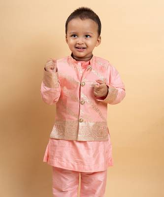 Elegant soft peach kurta set with a regal golden-detailed jacket 1