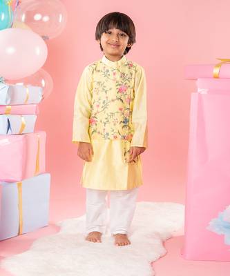 Ethnic floral embroidered yellow jacket style kurta with pyjama 1