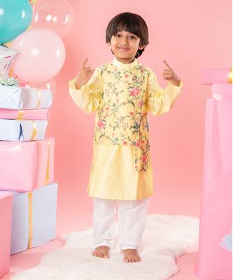 Ethnic floral embroidered yellow jacket style kurta with pyjama 3