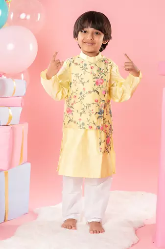 Ethnic floral embroidered yellow jacket style kurta with pyjama