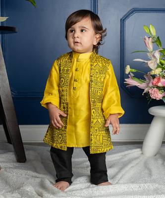 Mandarin collar yellow kurta with pocket detail embroidered jacket and pyjama 1