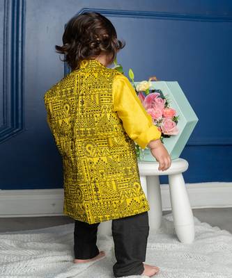 Mandarin collar yellow kurta with pocket detail embroidered jacket and pyjama 2