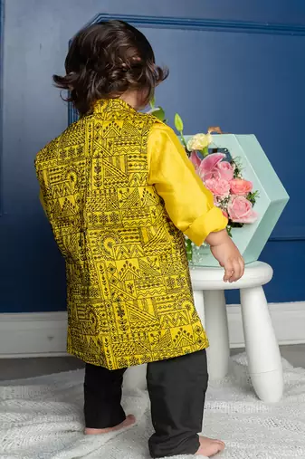 Mandarin collar yellow kurta with pocket detail embroidered jacket and pyjama