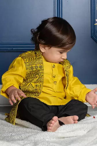 Mandarin collar yellow kurta with pocket detail embroidered jacket and pyjama