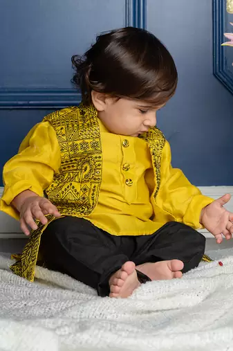 Mandarin collar yellow kurta with pocket detail embroidered jacket and pyjama