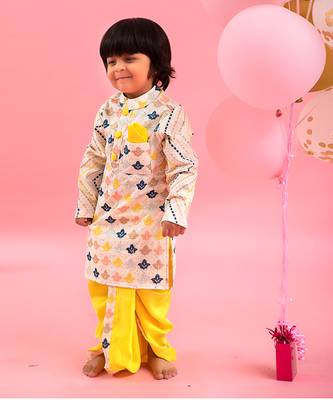 Thread work ethnic kurta and yellow dhoti 1