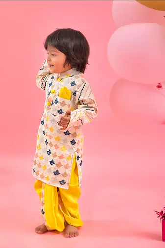 Thread work ethnic kurta and yellow dhoti
