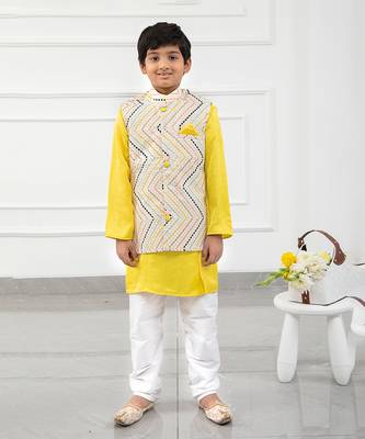 Yellow kurta with off white sequins embroidered jacket and pyjama 1