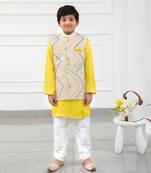 Yellow kurta with off white sequins embroidered jacket and pyjama