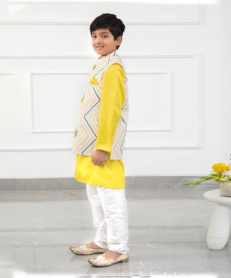 Yellow kurta with off white sequins embroidered jacket and pyjama 2