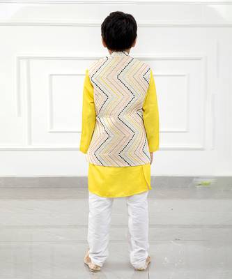 Yellow kurta with off white sequins embroidered jacket and pyjama 3