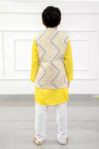 Yellow kurta with off white sequins embroidered jacket and pyjama