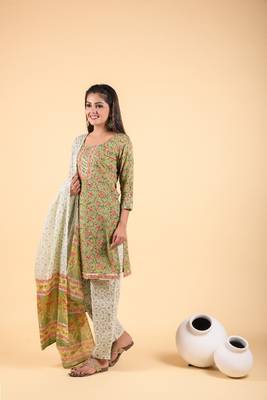 3 piece asparagus green and chanderi multi-printed suit set 2