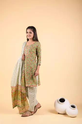 3 piece asparagus green and chanderi multi-printed suit set