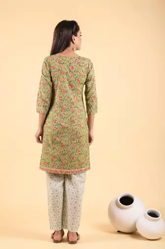 3 piece asparagus green and chanderi multi-printed suit set