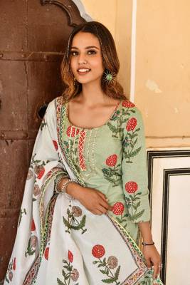 pistachio green & off white 3 piece kurta with printed dupatta and pants 2
