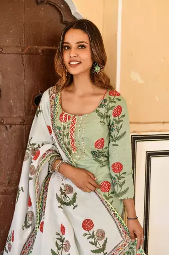 pistachio green & off white 3 piece kurta with printed dupatta and pants