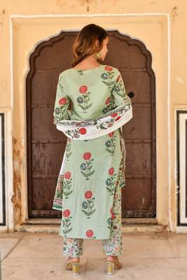 pistachio green & off white 3 piece kurta with printed dupatta and pants 3