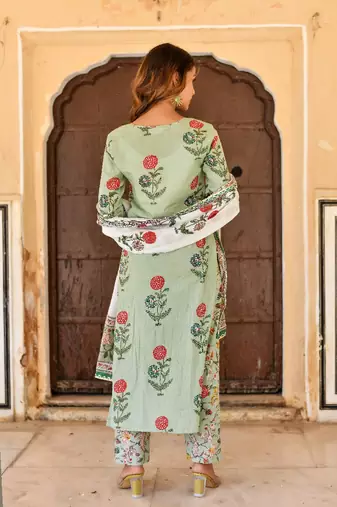 pistachio green & off white 3 piece kurta with printed dupatta and pants