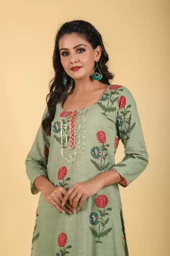 pistachio green & off white 3 piece kurta with printed dupatta and pants