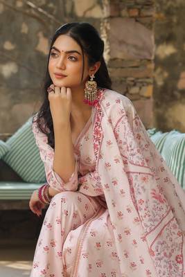 Baby pink cotton angrakha style dupatta suit set 2