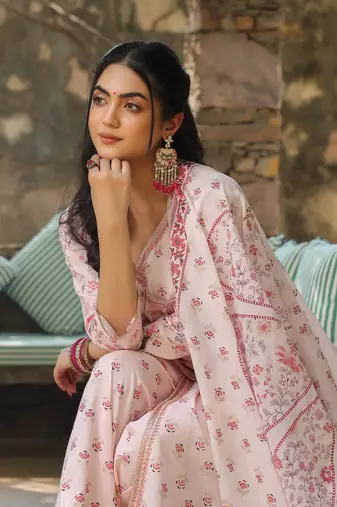 Baby pink cotton angrakha style dupatta suit set