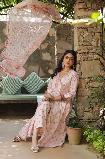 Baby pink cotton angrakha style dupatta suit set