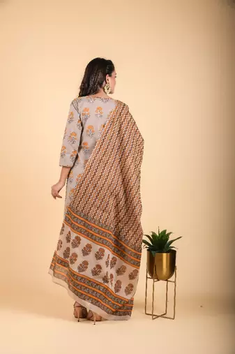 3 piece metal grey and chocolate brown kurta with printed cambric dupatta and pants