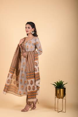 3 piece metal grey and chocolate brown kurta with printed cambric dupatta and pants 4