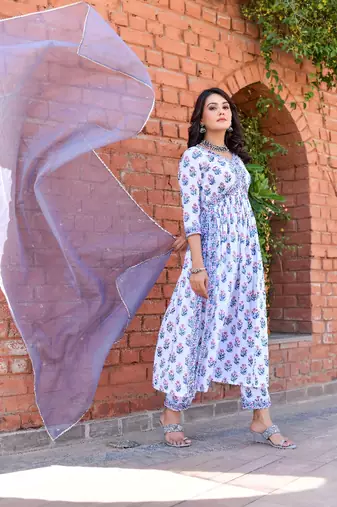 Star white & ice blue alia cut suit set with organza dupatta