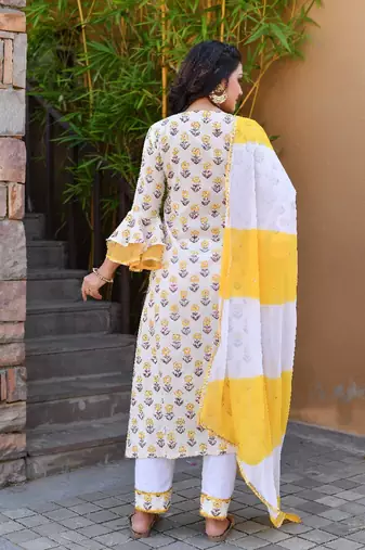 White & yellow bell sleeves suit set