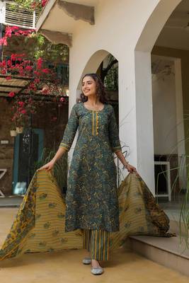 Deep teal & mustard cotton dupatta suit set 2