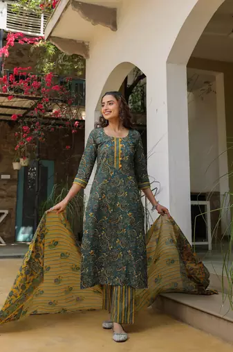 Deep teal & mustard cotton dupatta suit set