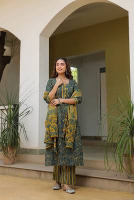 Deep teal & mustard cotton dupatta suit set 3