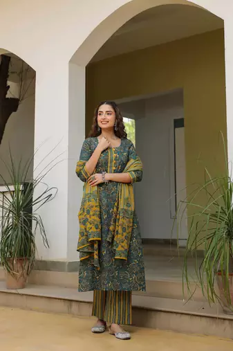 Deep teal & mustard cotton dupatta suit set