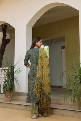 Deep teal & mustard cotton dupatta suit set 4