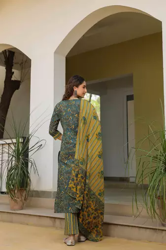 Deep teal & mustard cotton dupatta suit set