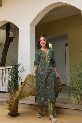 Deep teal & mustard cotton dupatta suit set 5