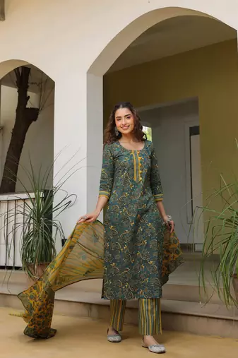 Deep teal & mustard cotton dupatta suit set